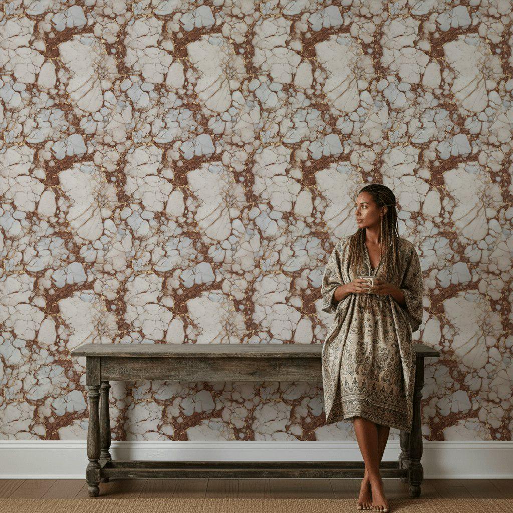 Kintsugi Marble Wallpaper White Brown Faux Stone Mural Gold Accent Peel Stick Decor