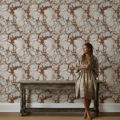 Kintsugi Marble Wallpaper White Brown Faux Stone Mural Gold Accent Peel Stick Decor