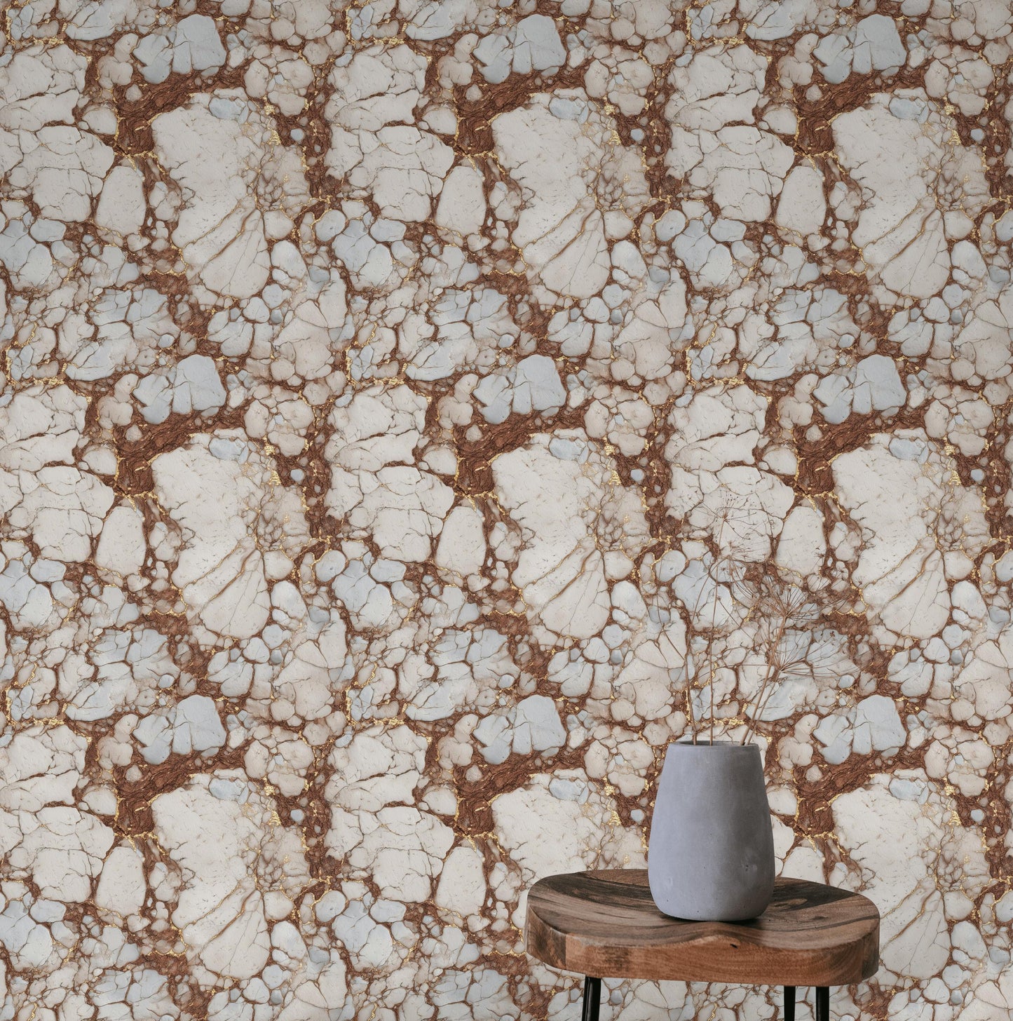 Kintsugi Marble Wallpaper White Brown Faux Stone Mural Gold Accent Peel Stick Decor