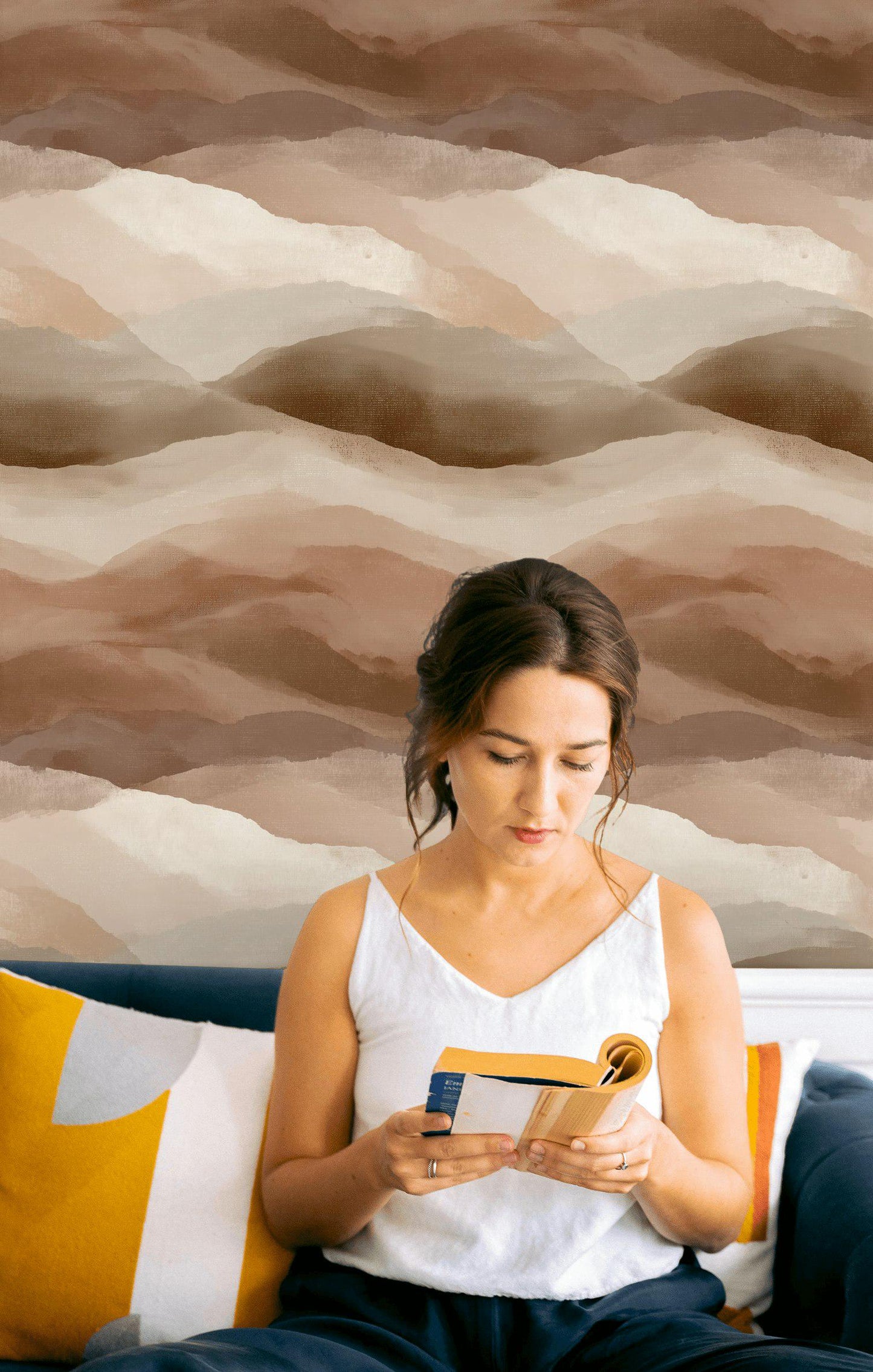 Boho Abstract Mountain Wallpaper | Earth Tone Peel & Stick Mural | Minimalist Brown Desert Landscape Art
