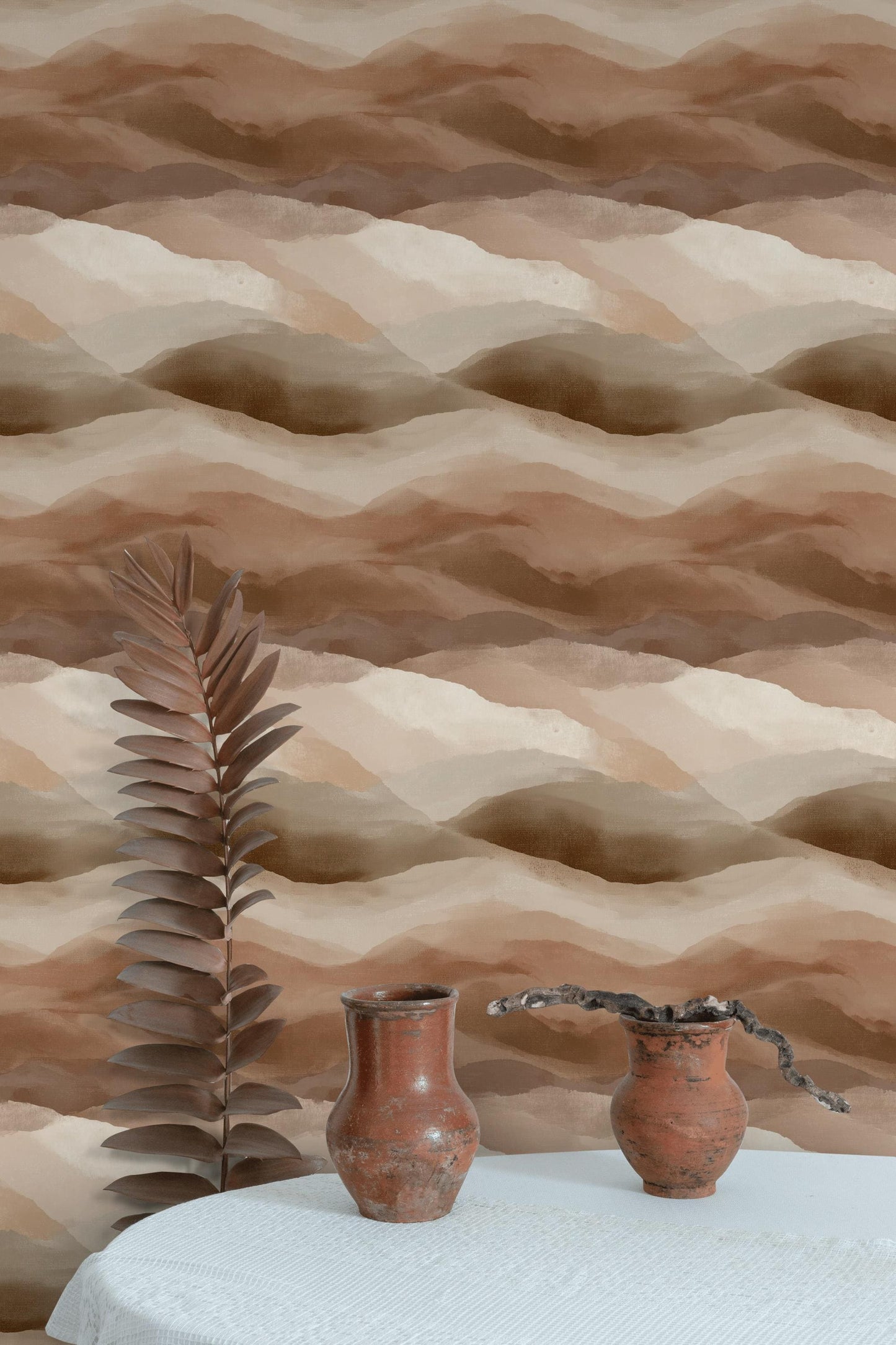 Boho Abstract Mountain Wallpaper | Earth Tone Peel & Stick Mural | Minimalist Brown Desert Landscape Art