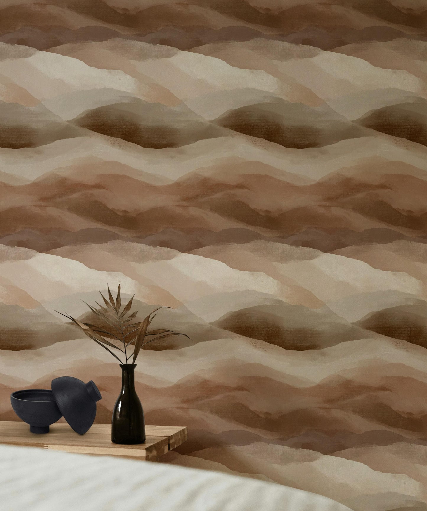 Boho Abstract Mountain Wallpaper | Earth Tone Peel & Stick Mural | Minimalist Brown Desert Landscape Art