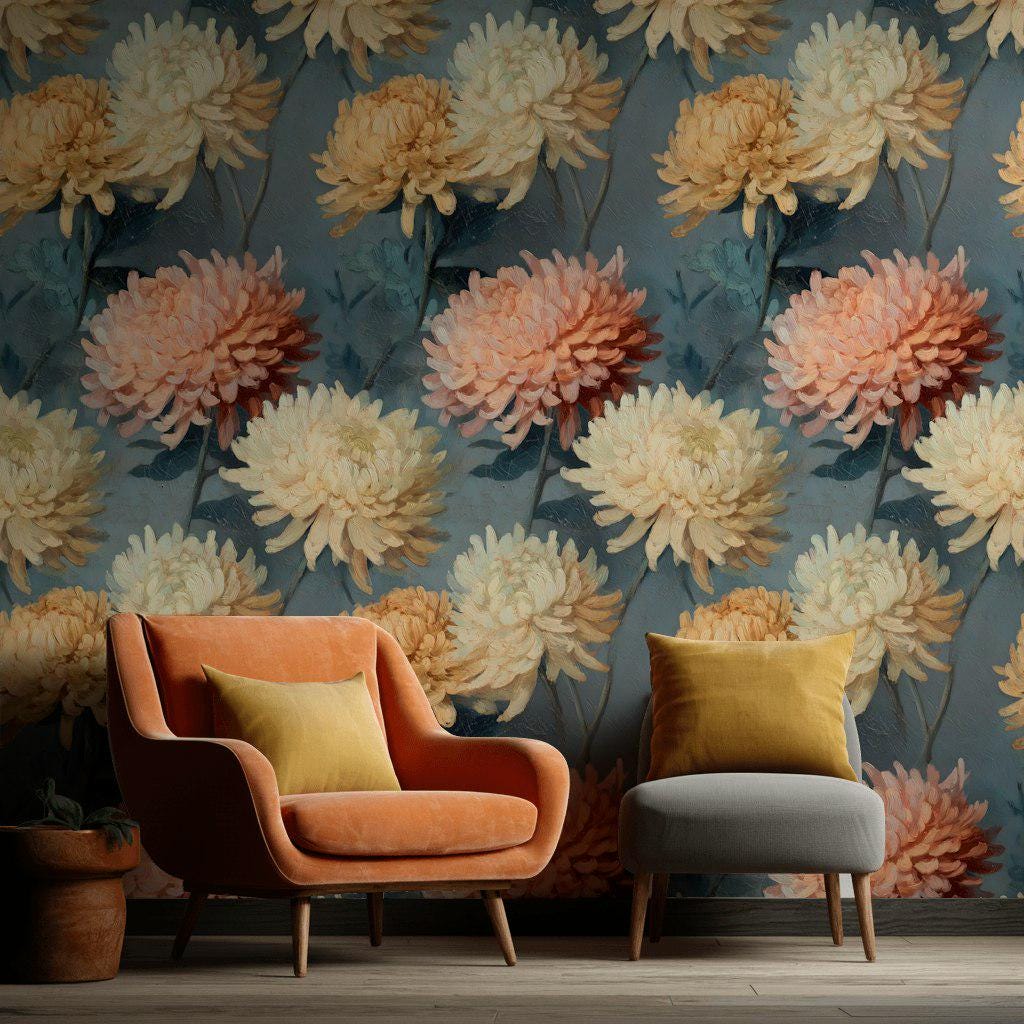 Dark Floral Chrysanthemum Wallpaper | Vintage Oil Painting Wall Mural | Peel & Stick or Traditional Art
