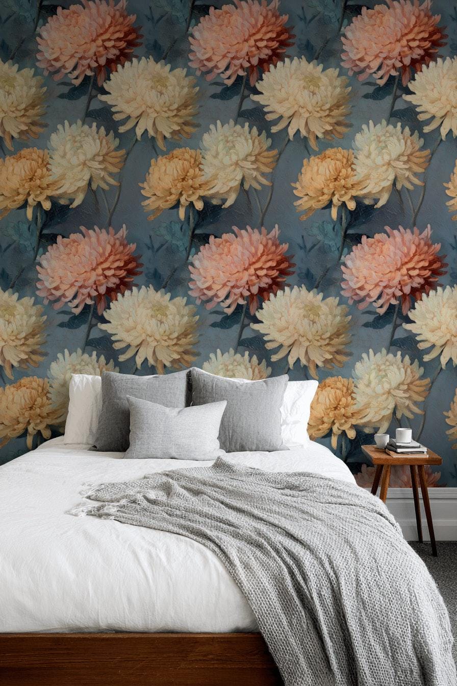 Dark Floral Chrysanthemum Wallpaper | Vintage Oil Painting Wall Mural | Peel & Stick or Traditional Art