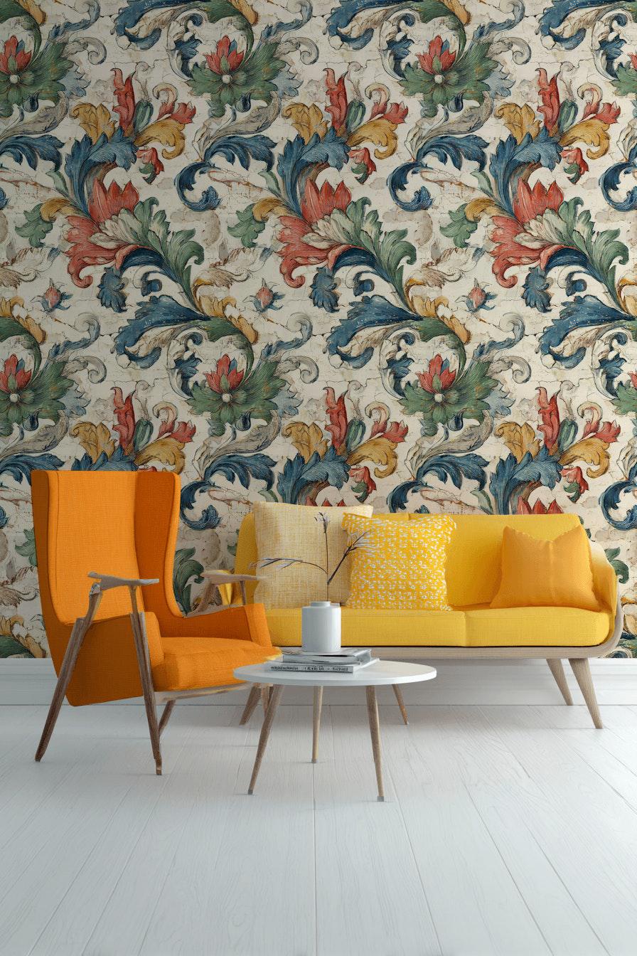 Vintage Baroque Wallpaper | Distressed Italian Floral Wall Mural | Peel & Stick or Traditional Fresco Art