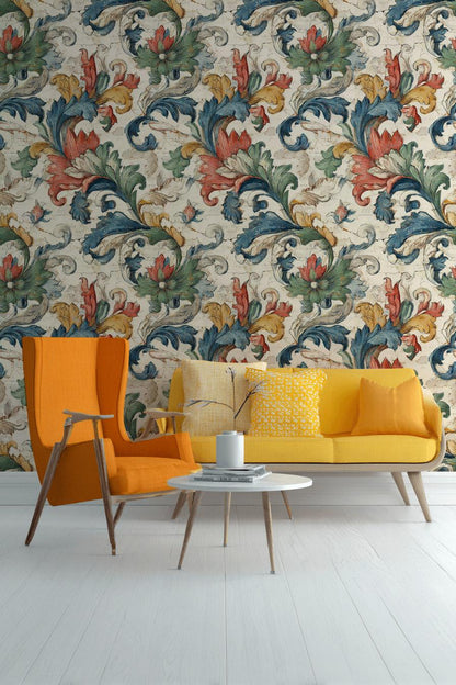 Vintage Baroque Wallpaper | Distressed Italian Floral Wall Mural | Peel & Stick or Traditional Fresco Art