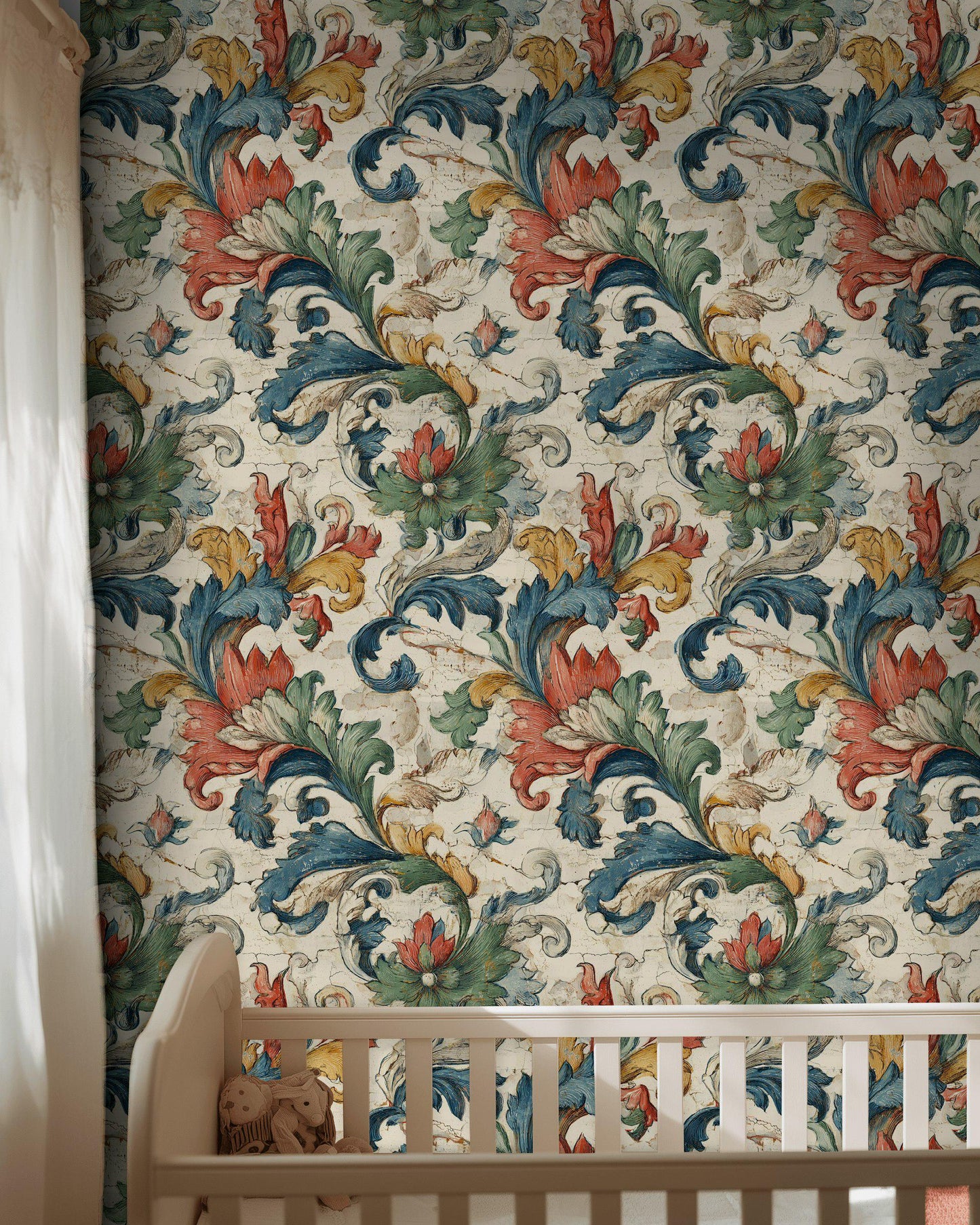 Vintage Baroque Wallpaper | Distressed Italian Floral Wall Mural | Peel & Stick or Traditional Fresco Art