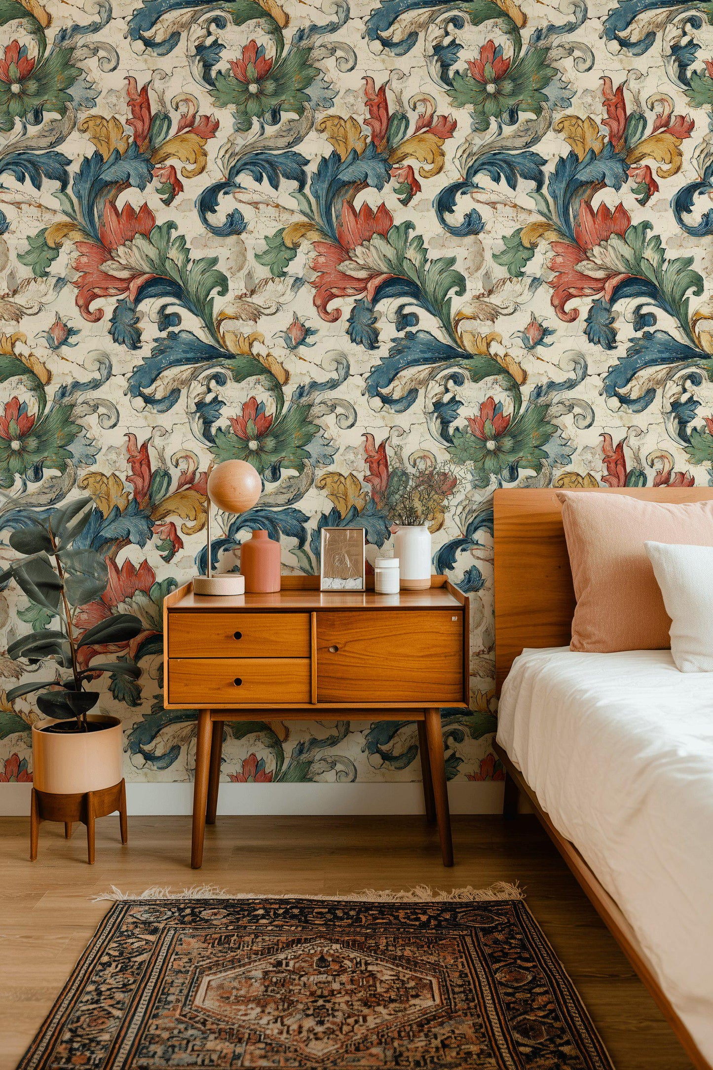 Vintage Baroque Wallpaper | Distressed Italian Floral Wall Mural | Peel & Stick or Traditional Fresco Art