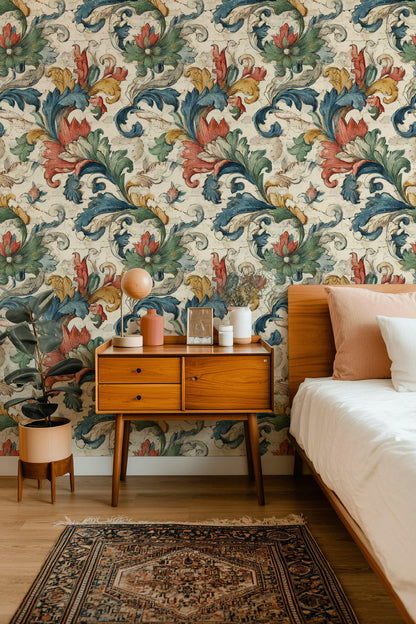 Vintage Baroque Wallpaper | Distressed Italian Floral Wall Mural | Peel & Stick or Traditional Fresco Art