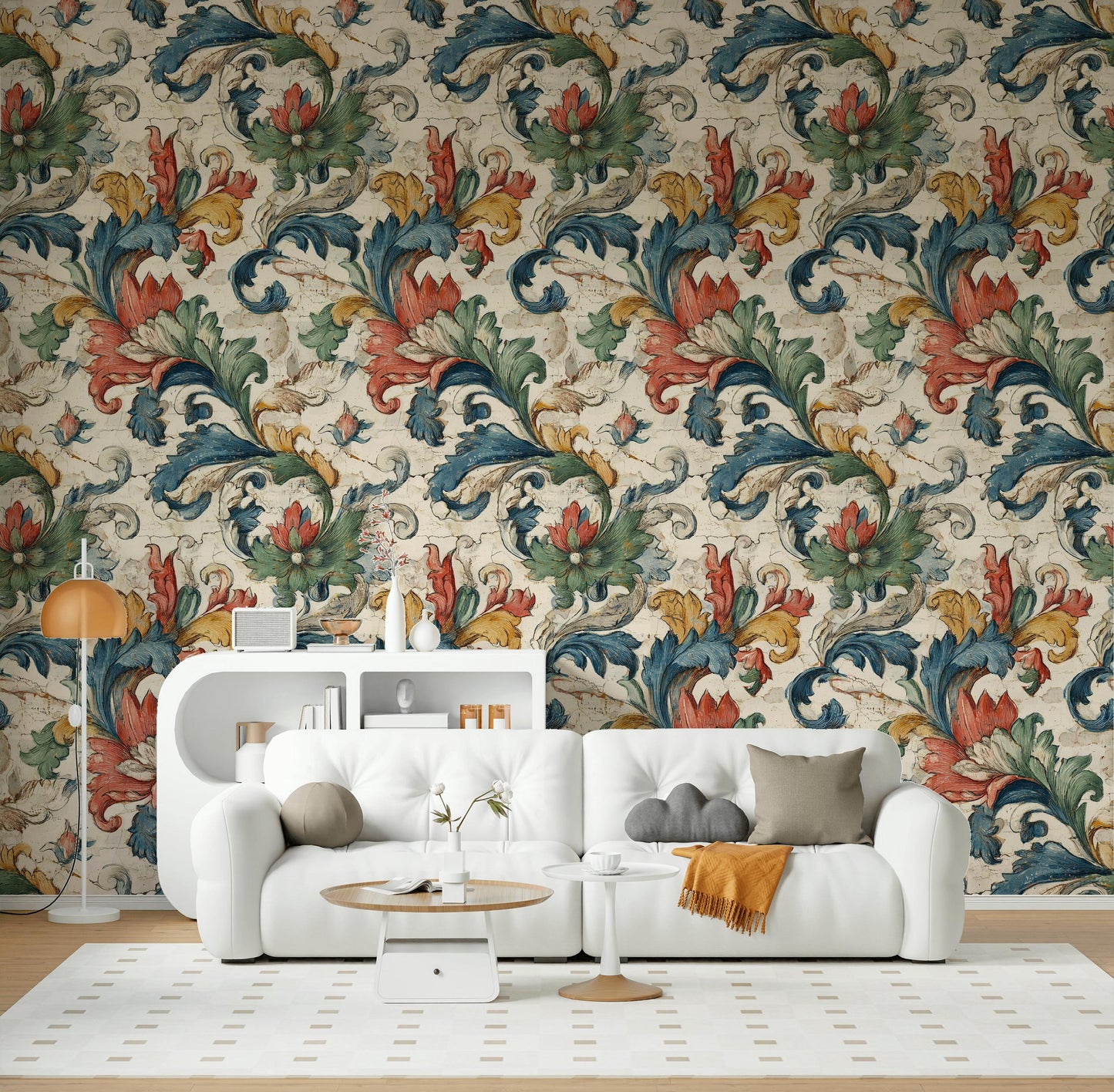 Vintage Baroque Wallpaper | Distressed Italian Floral Wall Mural | Peel & Stick or Traditional Fresco Art