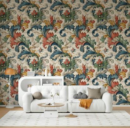 Vintage Baroque Wallpaper | Distressed Italian Floral Wall Mural | Peel & Stick or Traditional Fresco Art