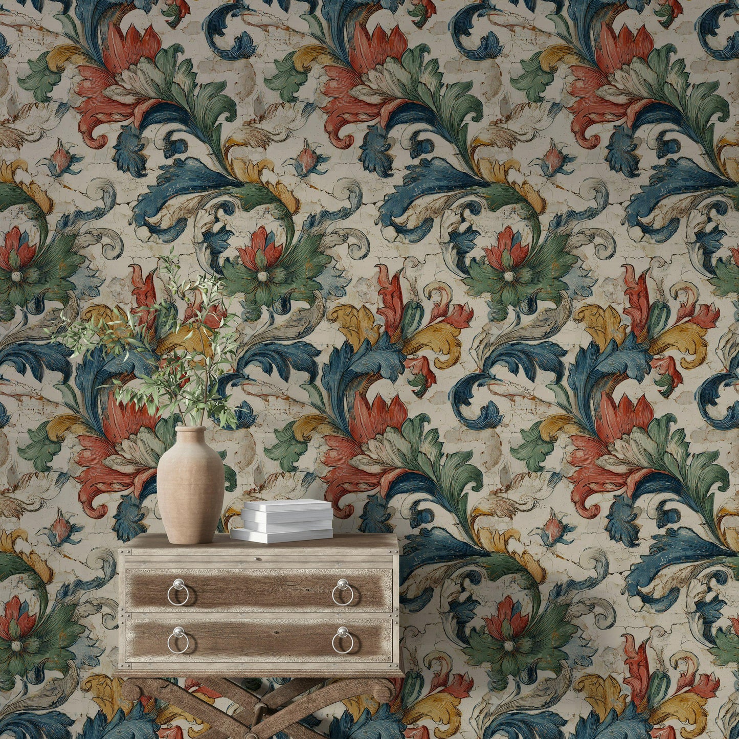 Vintage Baroque Wallpaper | Distressed Italian Floral Wall Mural | Peel & Stick or Traditional Fresco Art