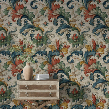 Vintage Baroque Wallpaper | Distressed Italian Floral Wall Mural | Peel & Stick or Traditional Fresco Art