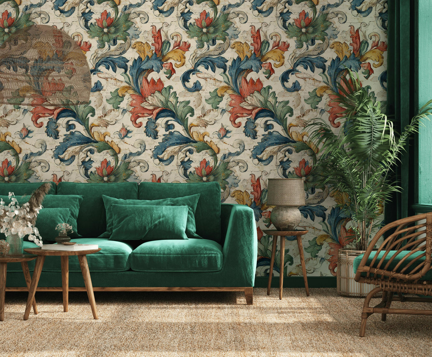 Vintage Baroque Wallpaper | Distressed Italian Floral Wall Mural | Peel & Stick or Traditional Fresco Art