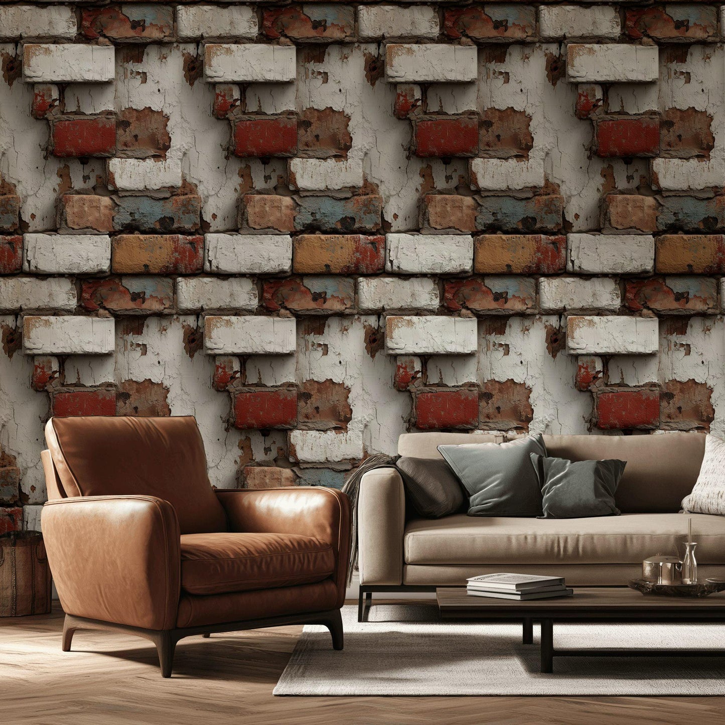 Distressed Brick Wallpaper | Peel & Stick Rustic Faux Texture Mural | Industrial Farmhouse Wall Decor