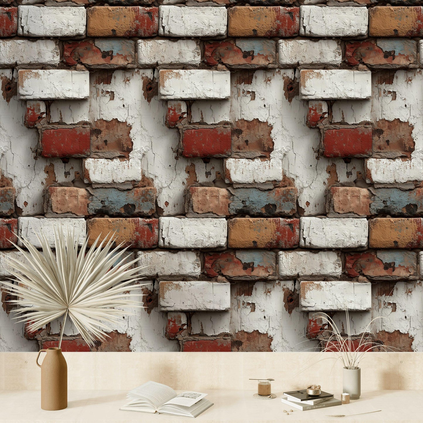 Distressed Brick Wallpaper | Peel & Stick Rustic Faux Texture Mural | Industrial Farmhouse Wall Decor