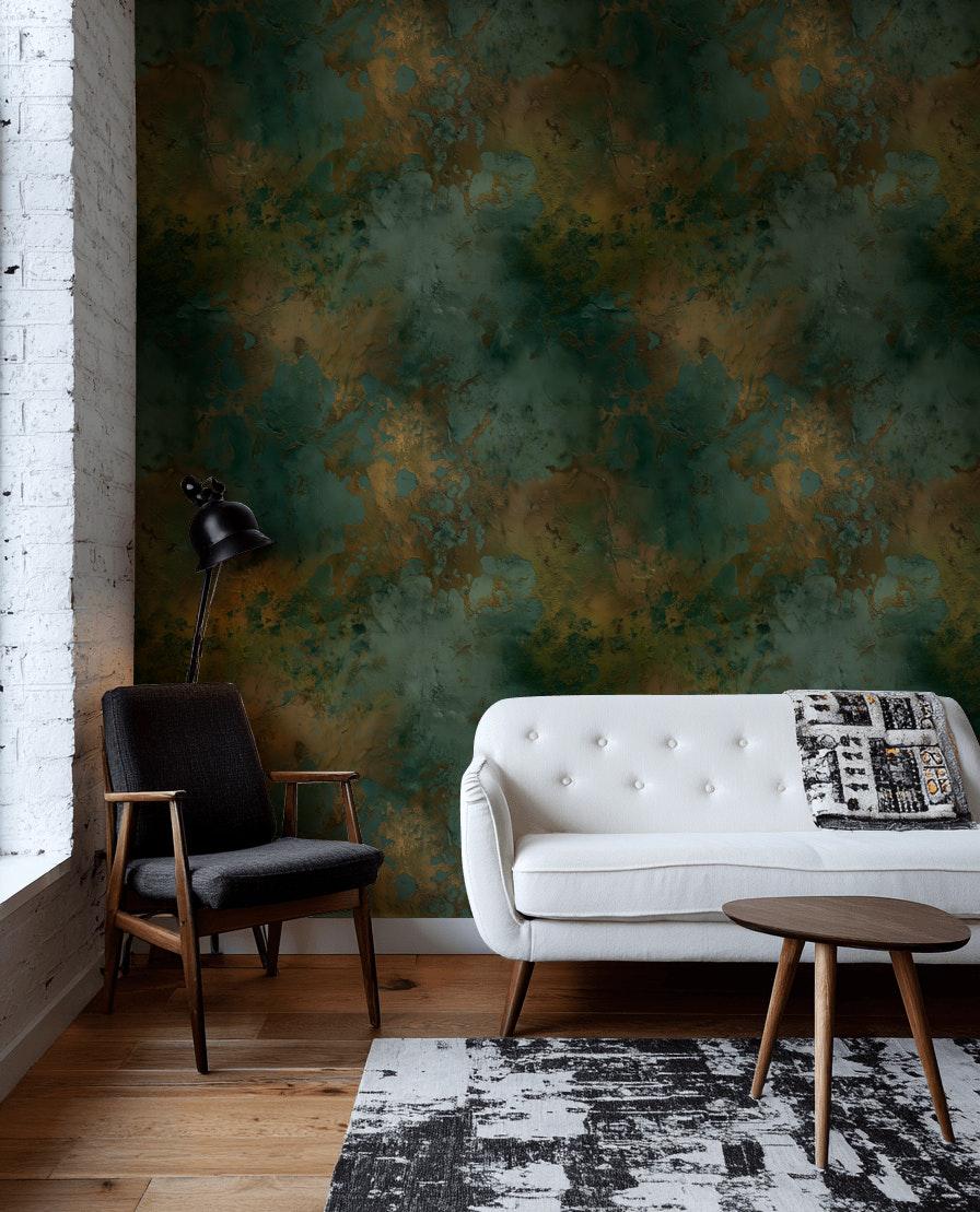 Abstract Patina Wallpaper | Teal & Gold Faux Texture Mural