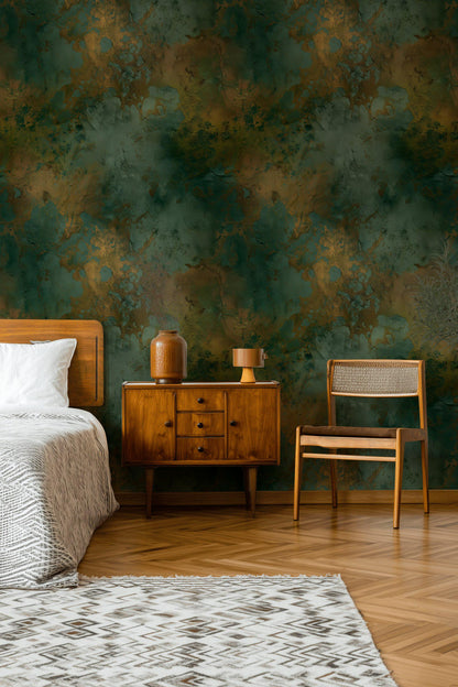 Abstract Patina Wallpaper | Teal & Gold Faux Texture Mural