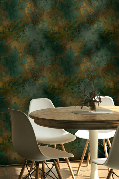 Abstract Patina Wallpaper | Teal & Gold Faux Texture Mural