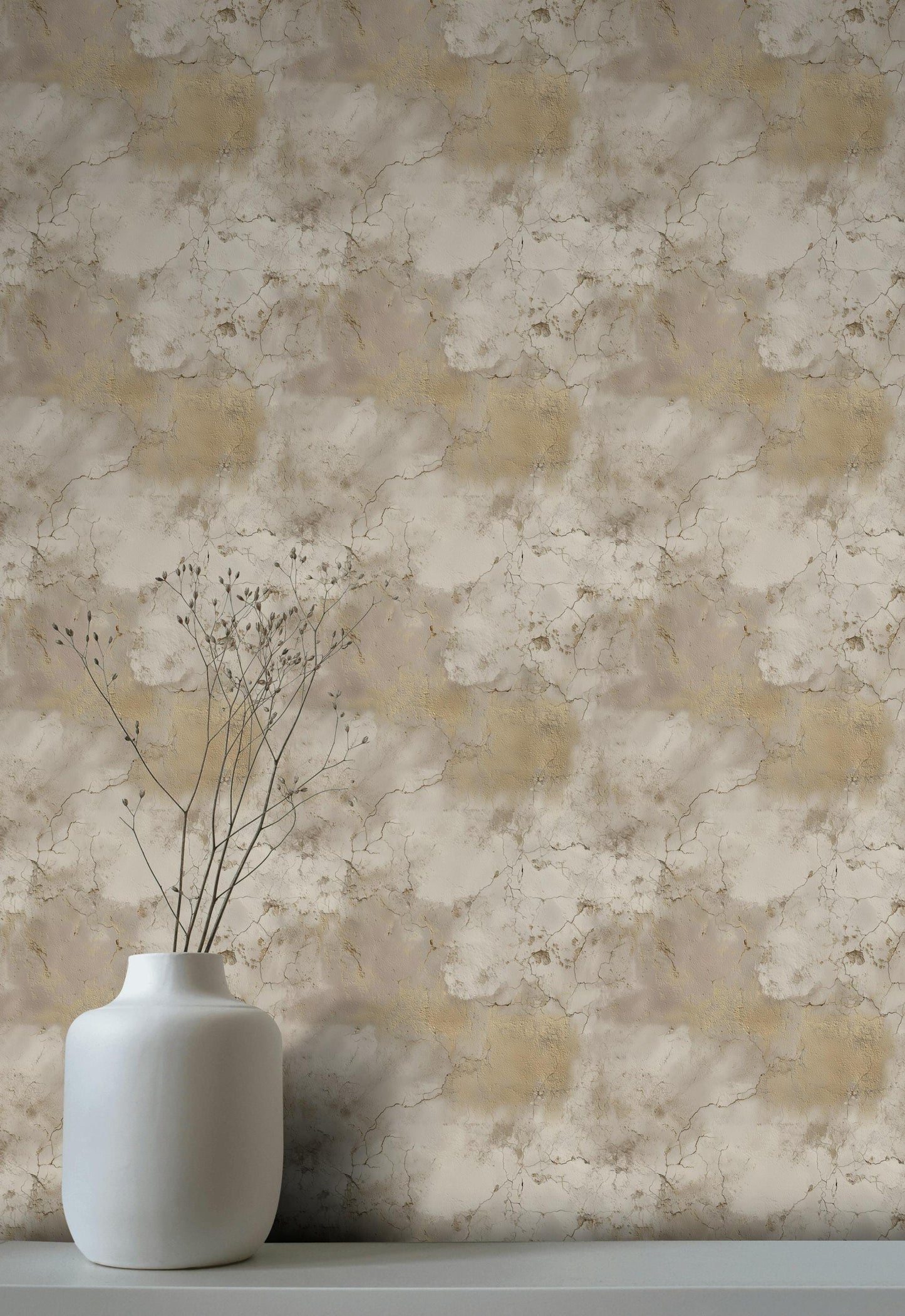 Beige Faux Marble Wallpaper | Distressed Gold Peel & Stick Mural | Luxury Neutral Plaster Texture Art