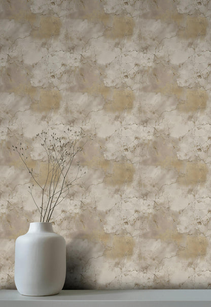Beige Faux Marble Wallpaper | Distressed Gold Peel & Stick Mural | Luxury Neutral Plaster Texture Art
