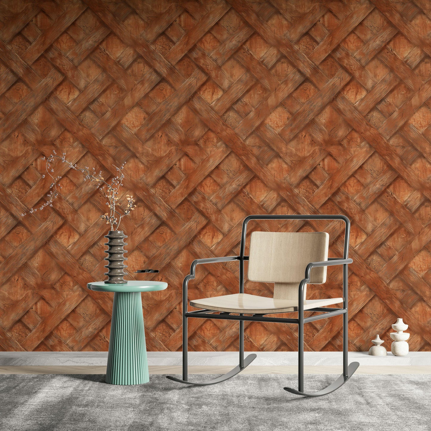 Faux Wood Lattice Wallpaper | Terracotta Brick Wall Mural (Peel & Stick)