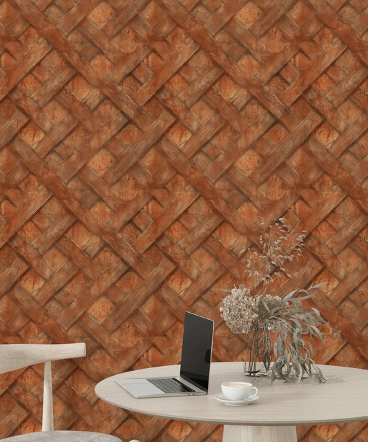 Faux Wood Lattice Wallpaper | Terracotta Brick Wall Mural (Peel & Stick)