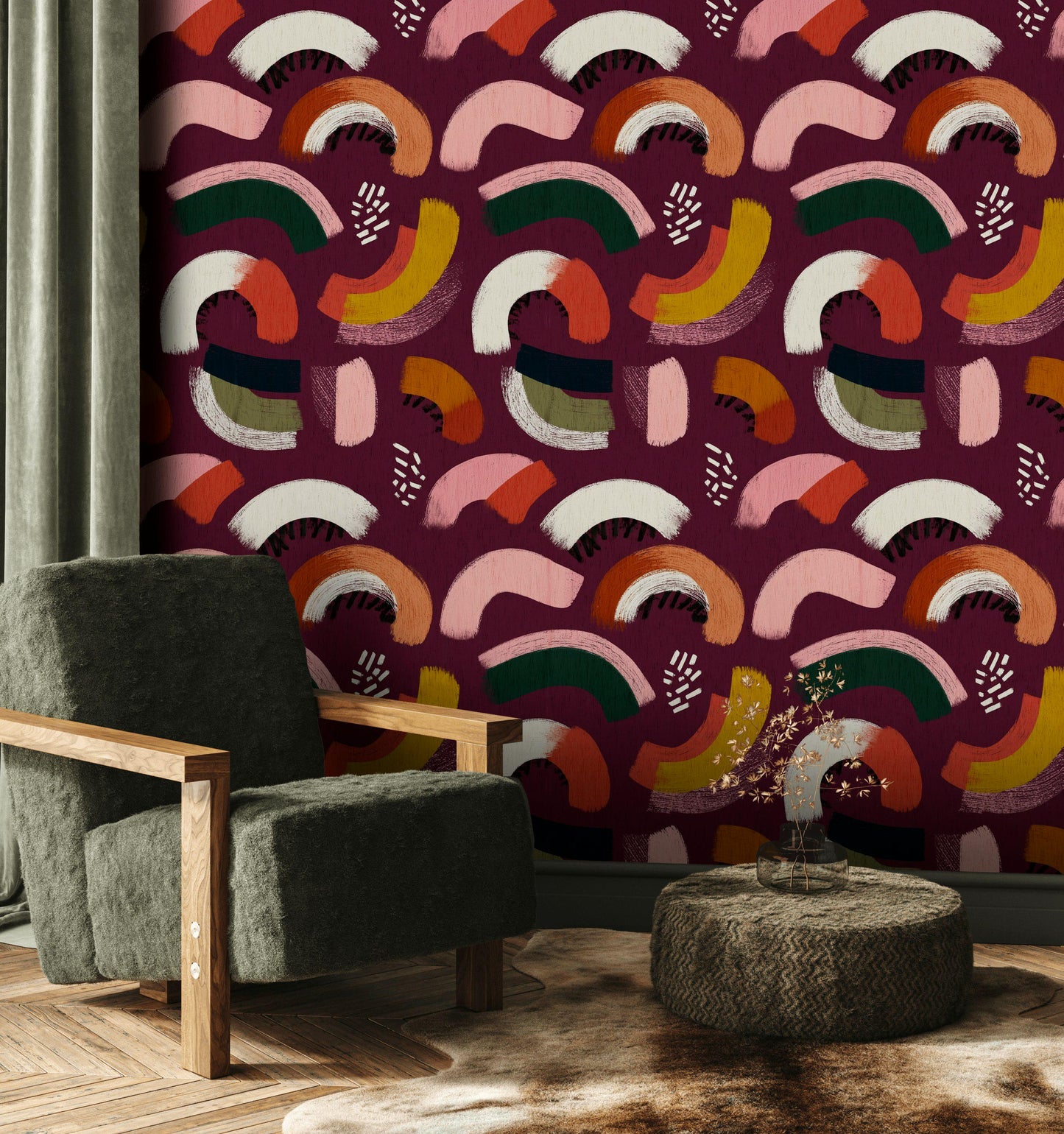 Vibrant Abstract Arches Wallpaper | Modern Boho Brushstroke Wall Mural | Peel & Stick or Traditional Art