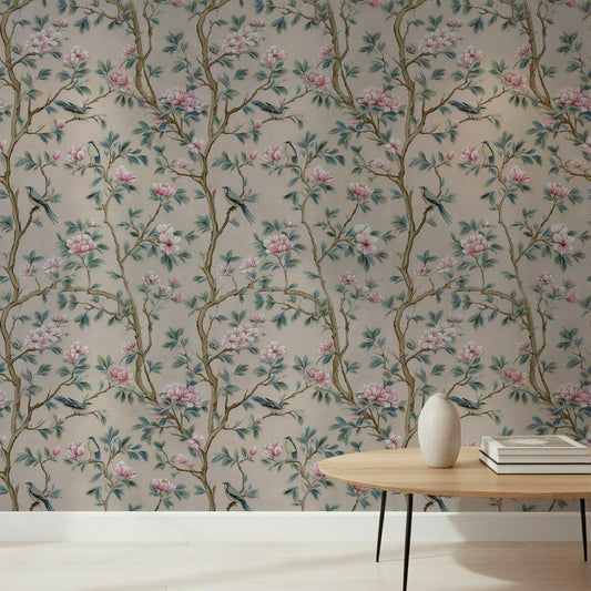 Chinoiserie Magnolia Wallpaper | Pink Floral Bird Mural | Peel & Stick or Traditional Luxury Decor
