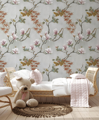 Vintage Magnolia Wallpaper | Soft Pink Floral Wall Mural | Peel & Stick or Traditional Chinoiserie Art