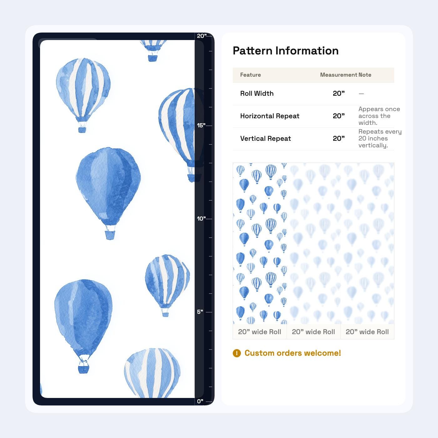 Blue Watercolor Hot Air Balloon Wallpaper | Nursery Wall Mural