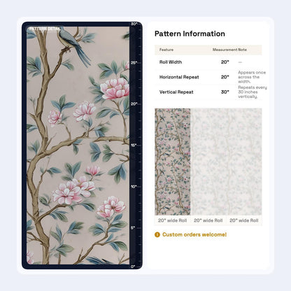 Chinoiserie Magnolia Wallpaper | Pink Floral Bird Mural | Peel & Stick or Traditional Luxury Decor