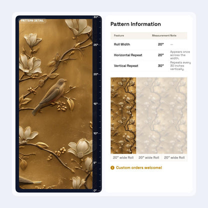 Luxury 3D Gold Leaf Wallpaper | Embossed Chinoiserie Bird Mural | Peel & Stick or Traditional Art