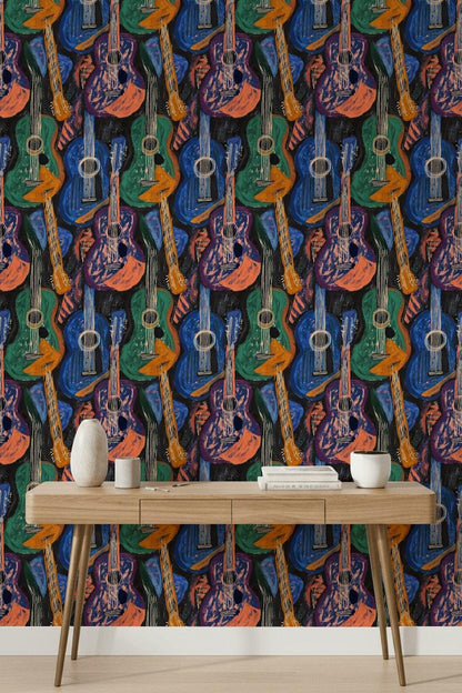 Abstract Guitar Wallpaper | Boho Music Wall Mural | Peel and Stick Art Print