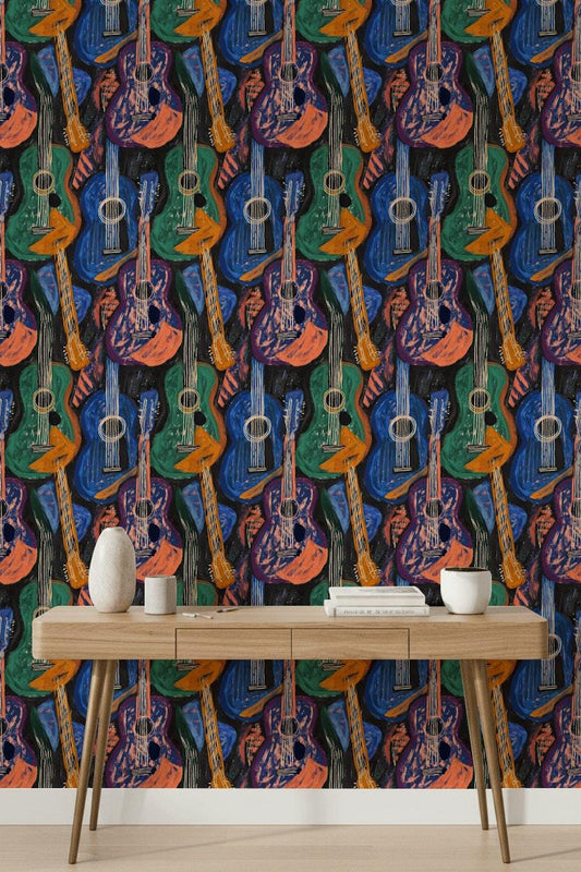 Abstract Guitar Wallpaper | Boho Music Wall Mural | Peel and Stick Art Print
