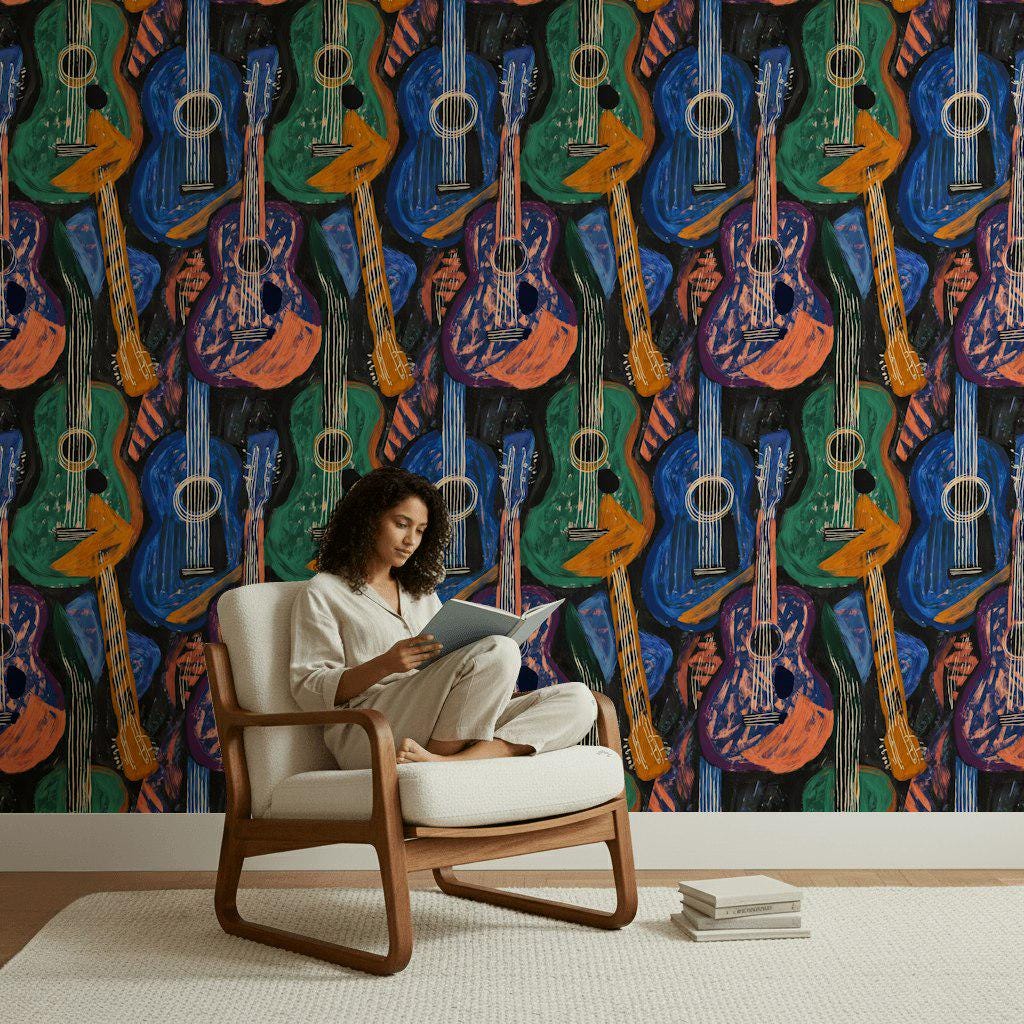 Abstract Guitar Wallpaper | Boho Music Wall Mural | Peel and Stick Art Print