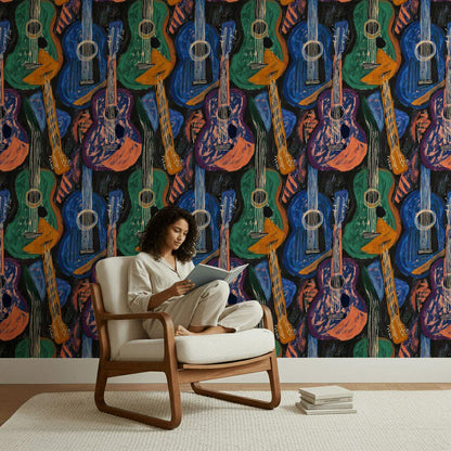Abstract Guitar Wallpaper | Boho Music Wall Mural | Peel and Stick Art Print