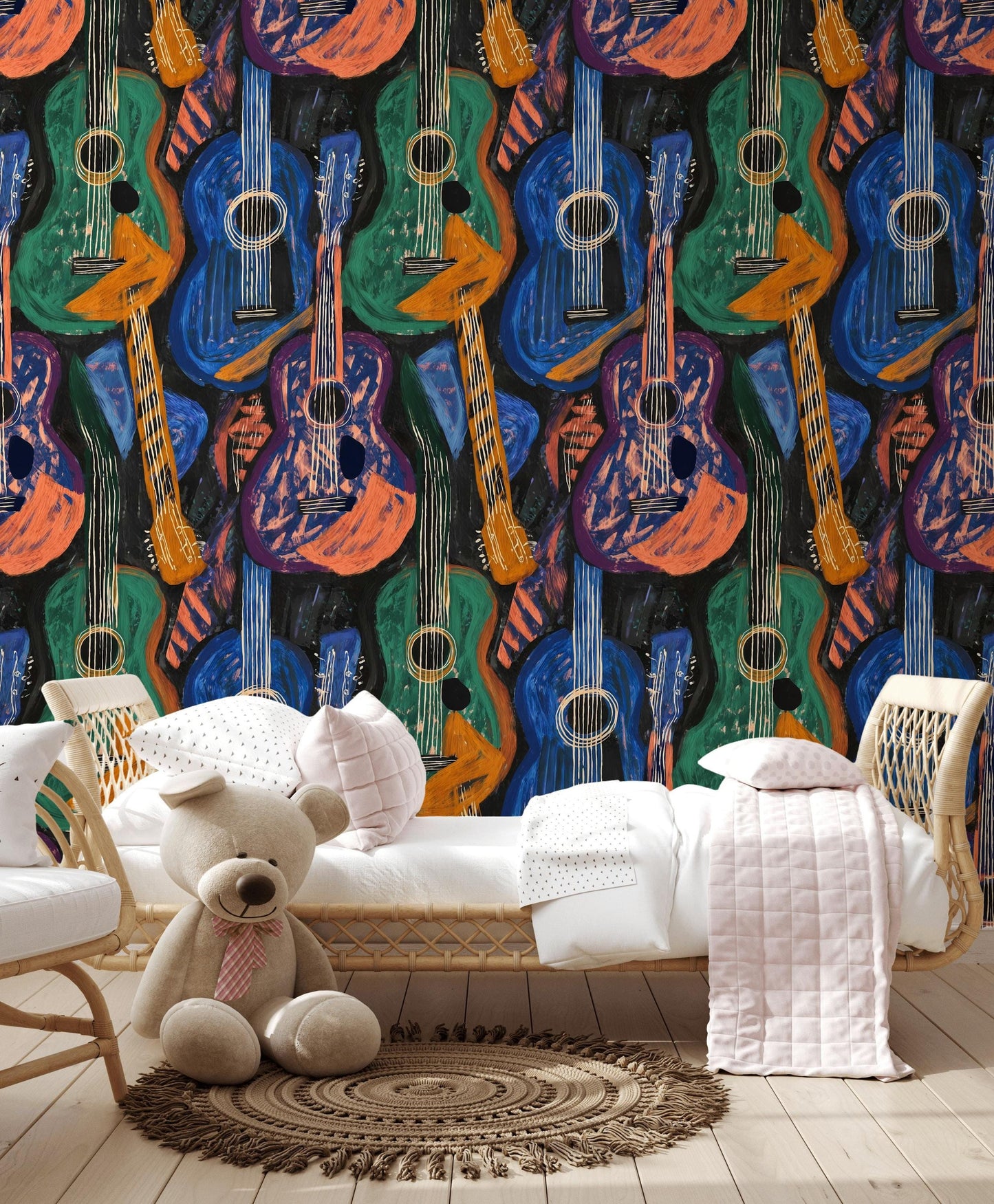 Abstract Guitar Wallpaper | Boho Music Wall Mural | Peel and Stick Art Print