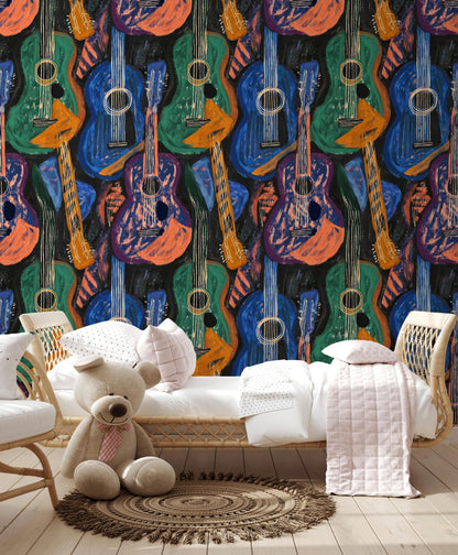 Abstract Guitar Wallpaper | Boho Music Wall Mural | Peel and Stick Art Print