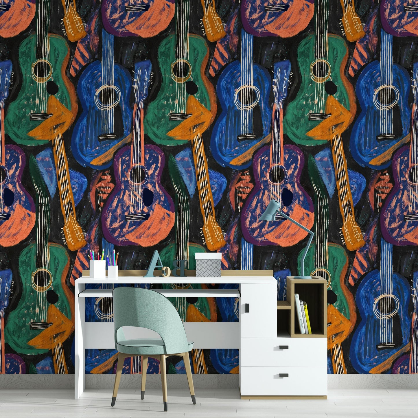 Abstract Guitar Wallpaper | Boho Music Wall Mural | Peel and Stick Art Print