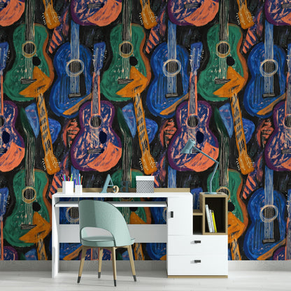 Abstract Guitar Wallpaper | Boho Music Wall Mural | Peel and Stick Art Print