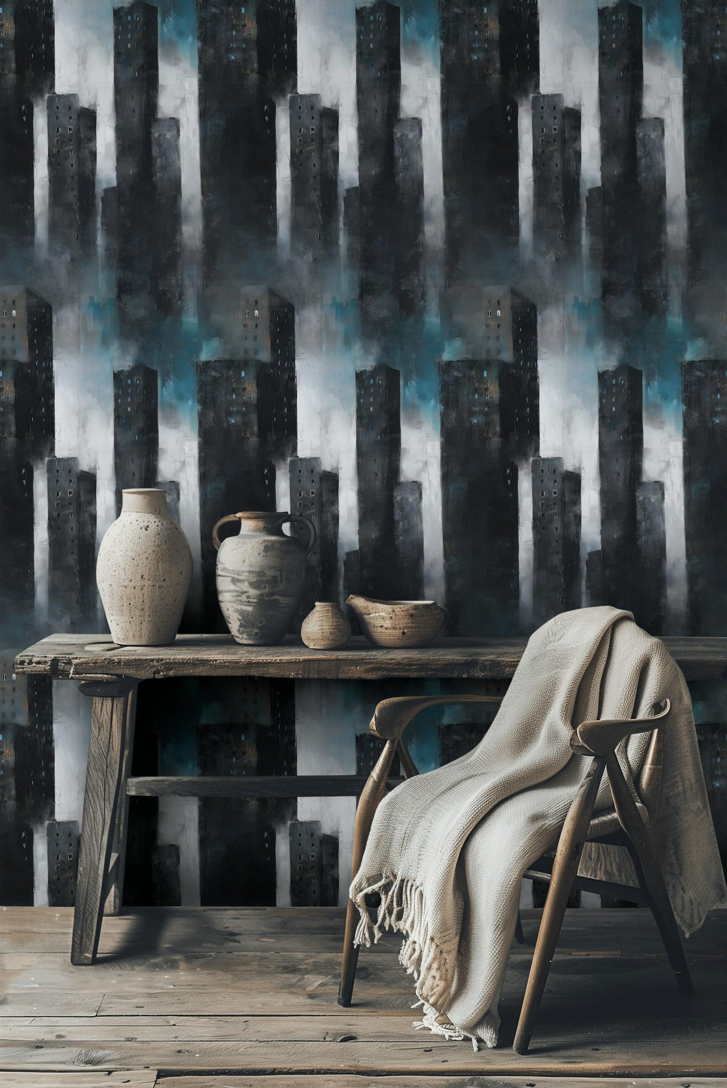 Dark Abstract City Wall Mural | Peel and Stick & Unpasted Wallpaper