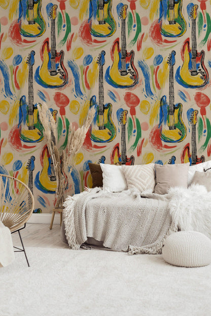 Pop Art Electric Guitar Wall Mural | Retro Music Wallpaper | Peel and Stick & Unpasted