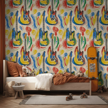 Pop Art Electric Guitar Wall Mural | Retro Music Wallpaper | Peel and Stick & Unpasted