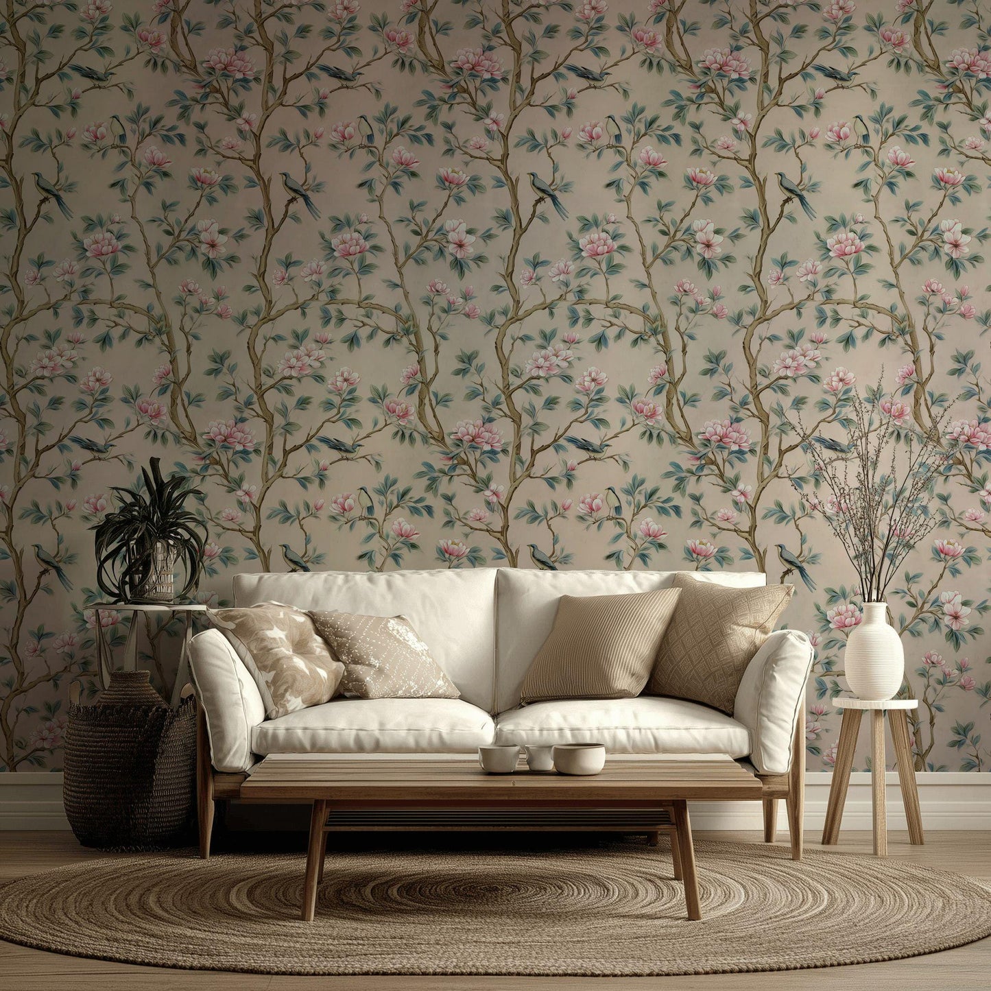 Chinoiserie Magnolia Wallpaper | Pink Floral Bird Mural | Peel & Stick or Traditional Luxury Decor