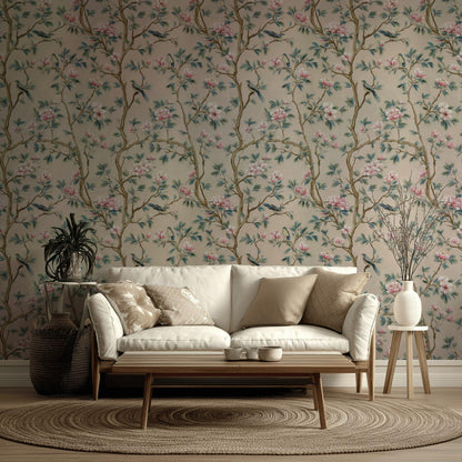 Chinoiserie Magnolia Wallpaper | Pink Floral Bird Mural | Peel & Stick or Traditional Luxury Decor