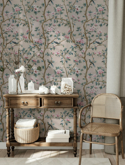 Chinoiserie Magnolia Wallpaper | Pink Floral Bird Mural | Peel & Stick or Traditional Luxury Decor