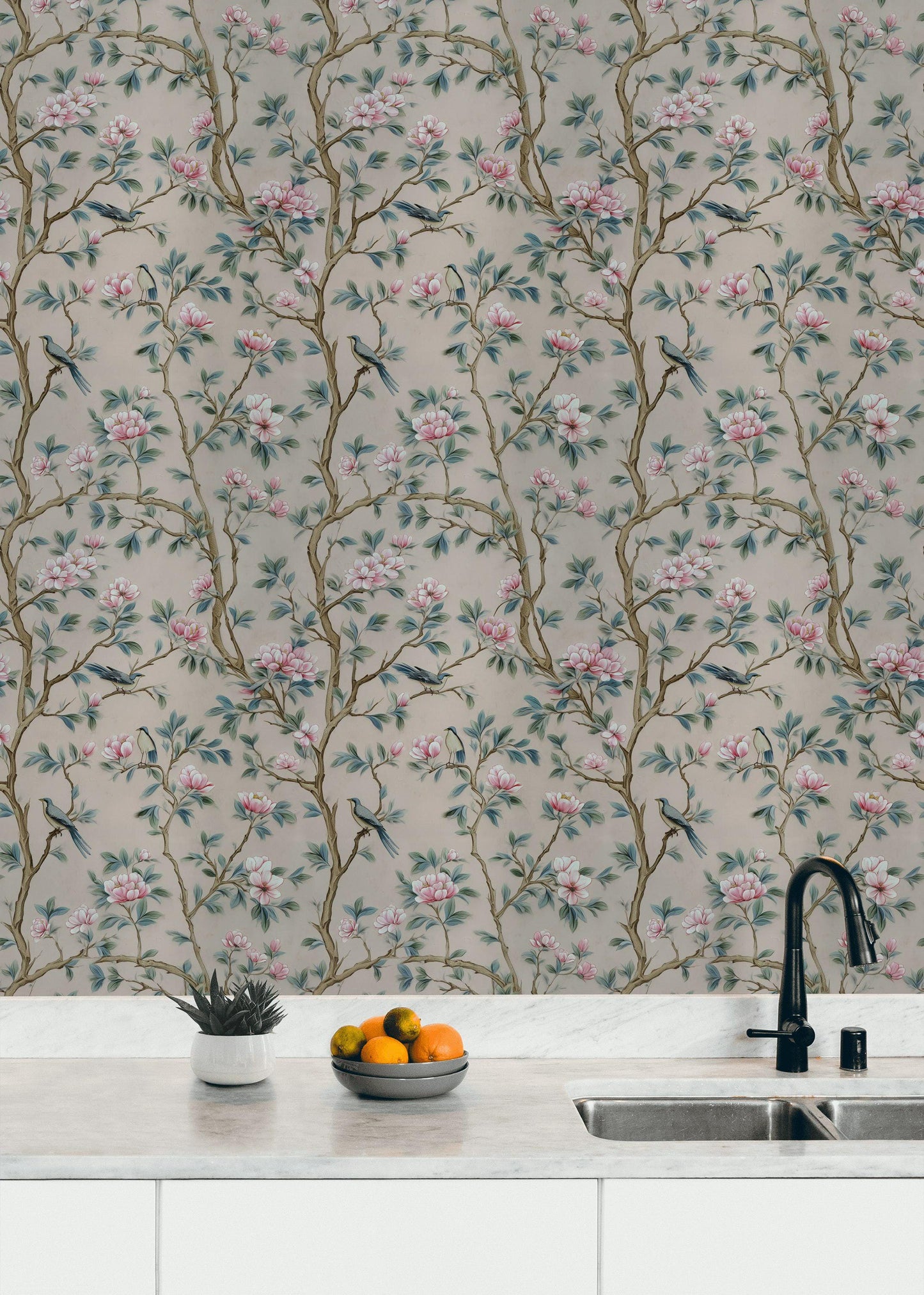 Chinoiserie Magnolia Wallpaper | Pink Floral Bird Mural | Peel & Stick or Traditional Luxury Decor
