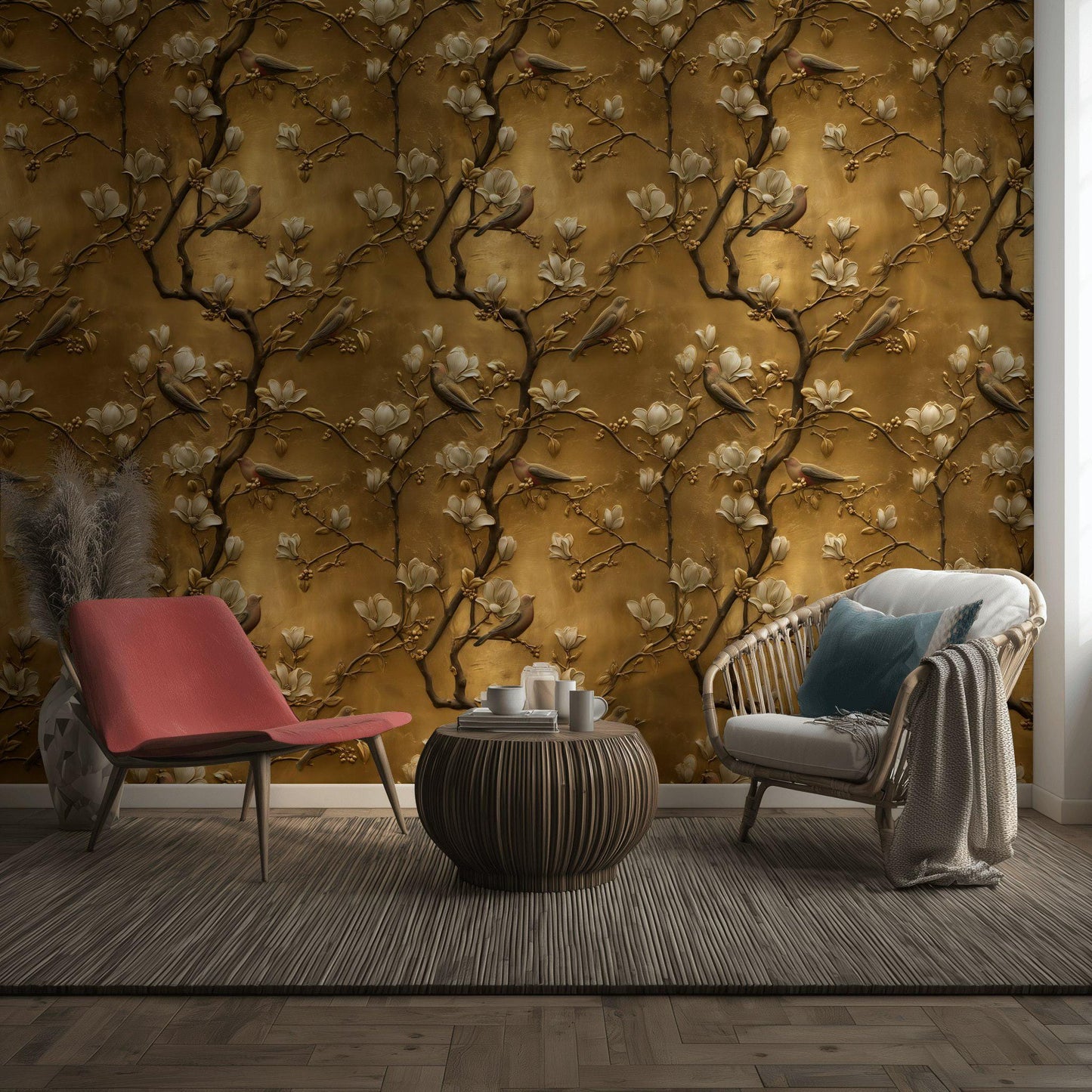 Luxury 3D Gold Leaf Wallpaper | Embossed Chinoiserie Bird Mural | Peel & Stick or Traditional Art