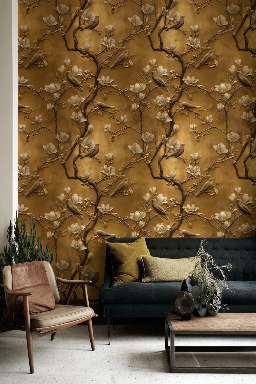Luxury 3D Gold Leaf Wallpaper | Embossed Chinoiserie Bird Mural | Peel & Stick or Traditional Art